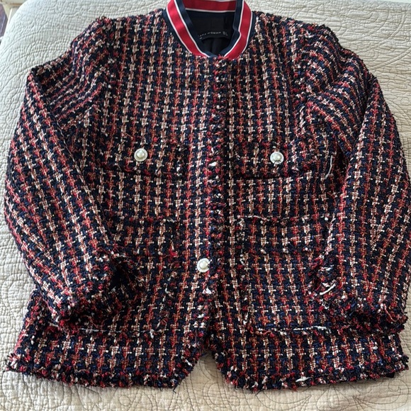 Zara Woman Tweed Pearl Button Jacket with Red and Blue Accents‎ - Picture 3 of 15